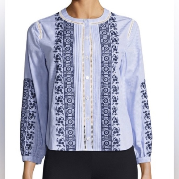 Veronica Beard embroidered Claire button down collarless shirt 8 medium - Picture 1 of 8